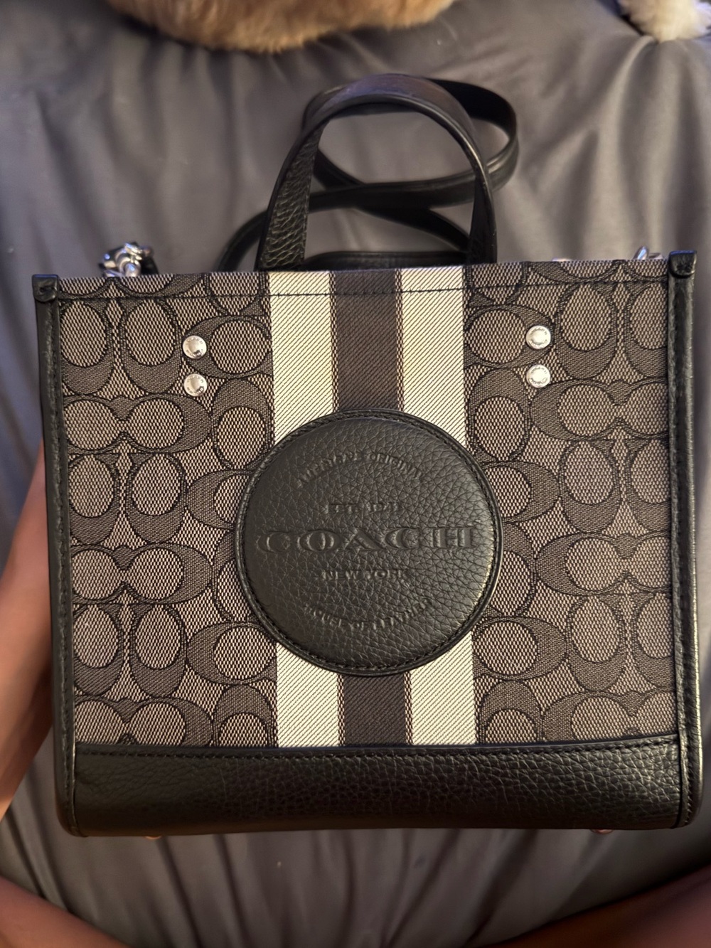 Coach Mini Tote in Brown/Black with Cream Stripe